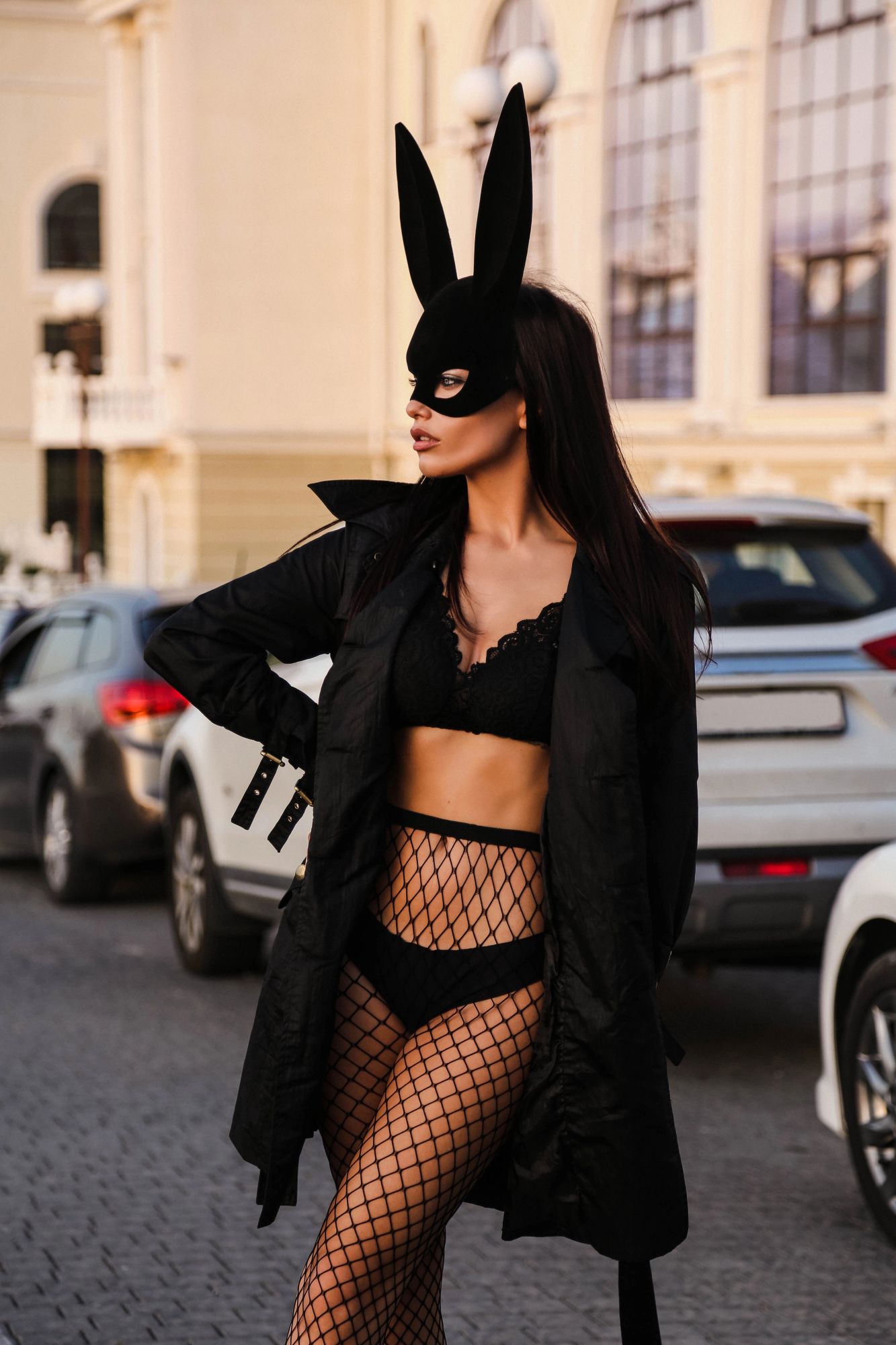 seductive lady in black mask and lingerie